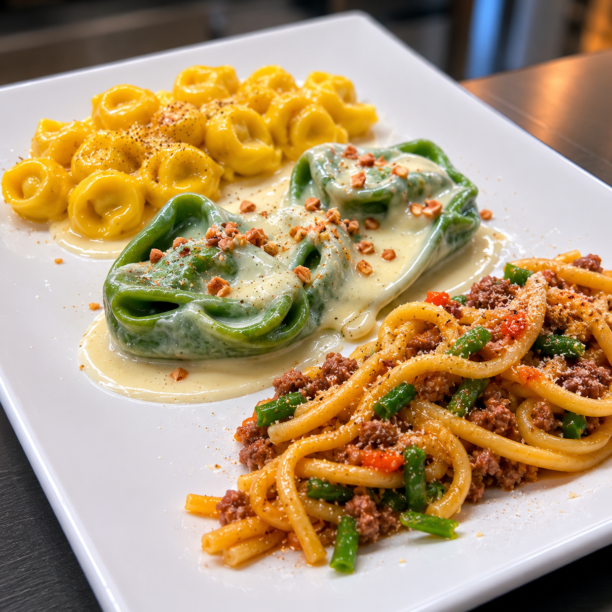6B8EA353 9F97 42D9 A65F 2A3FCD34F397 edited Tris di primi, tortellini in crema di parmigliano con rosso d’uovo, balanzoni tradizionali, gramigna paglia e fieno con la salsiccia.